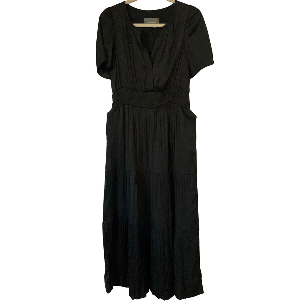 Anthropologie Black Pleated Smocked Waist Tiered Maxi Dress Small Pockets V-Neck